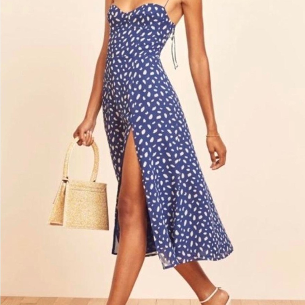 Reformation Blue floral Sweetheart Midi Dress with Side Slit